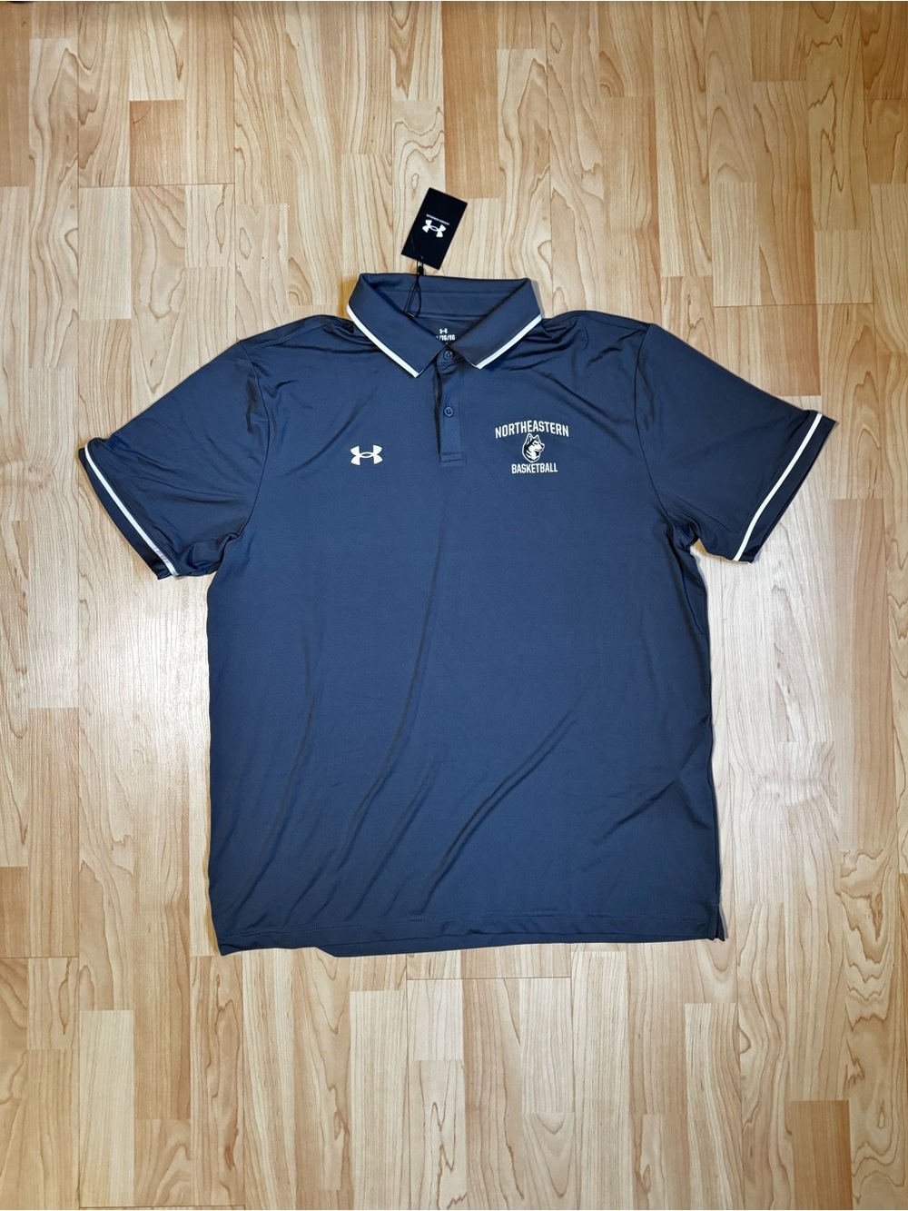 Under Armour Grey Polo with White Trim - Northeastern Basketball Logo